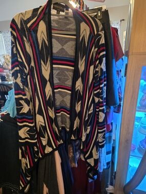 Absolutely Creative Worldwide Black Cream Blue Pink Striped Aztec Open Cardigan